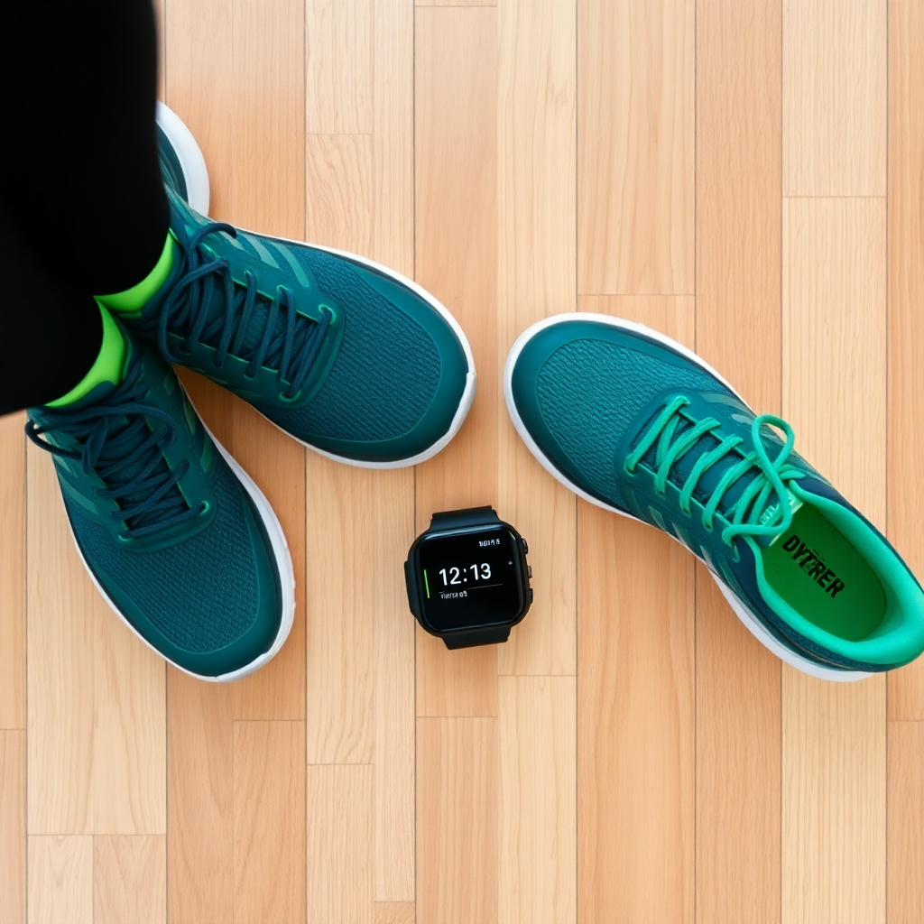A pair of running shoes and a fitness tracker on a wooden floor, overhead shot, motivational aesthet