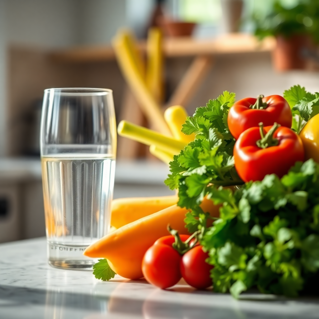 Close up of fresh healthy vegetables and glass of water on a kitchen counter, bright natural lightin