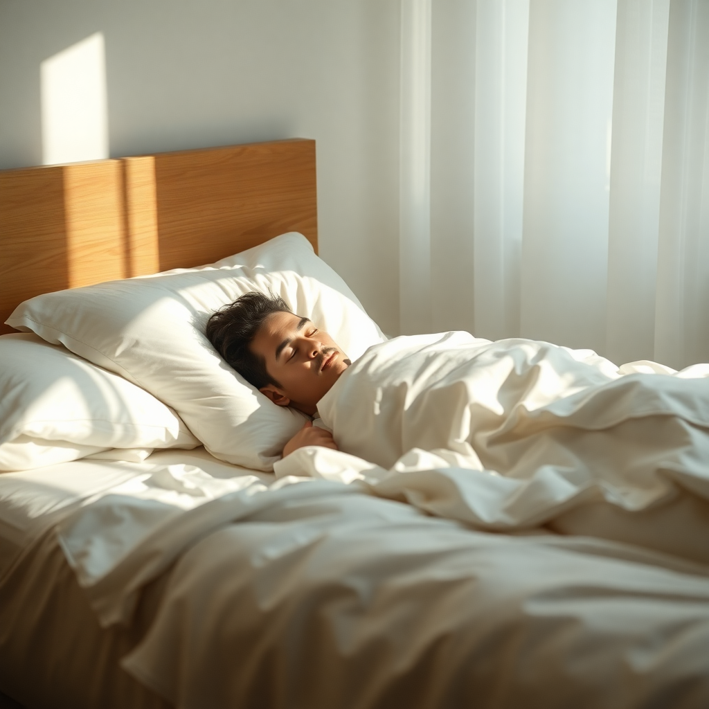A person peacefully sleeping in a comfortable bed with soft white linens, cinematic morning light