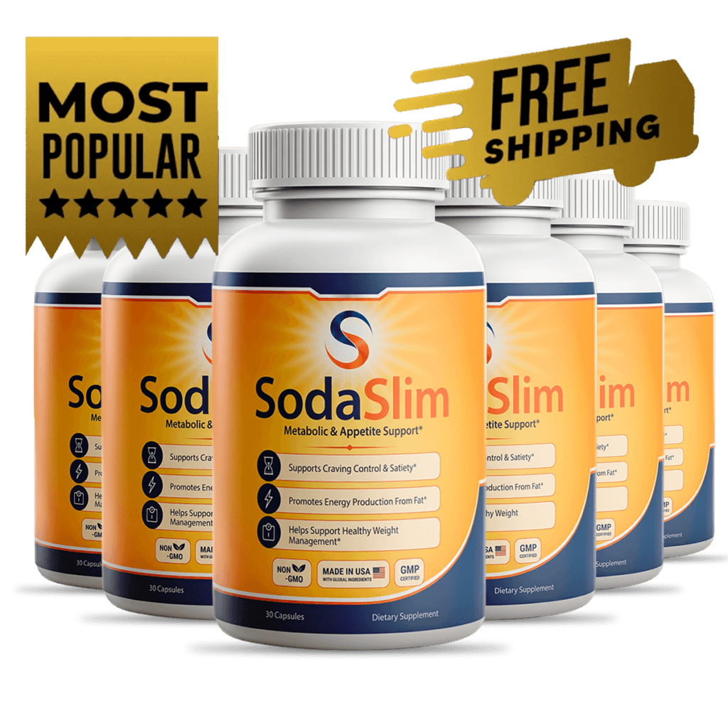 Six bottles of Soda Slim dietary supplement arranged together in a professional group shot, clean whi