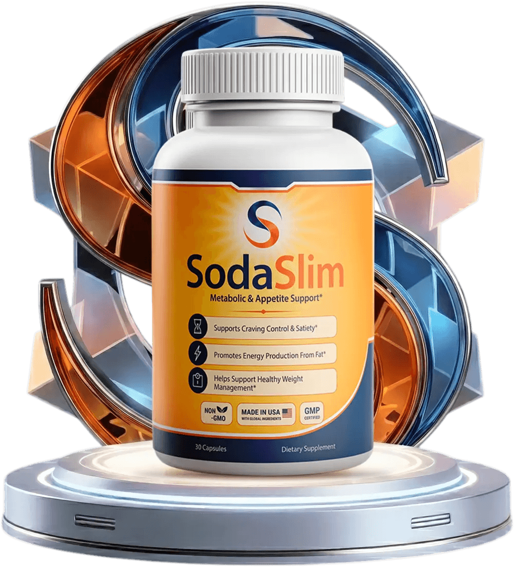 A single white dietary supplement bottle labeled Soda Slim standing on a futuristic circular glowing 